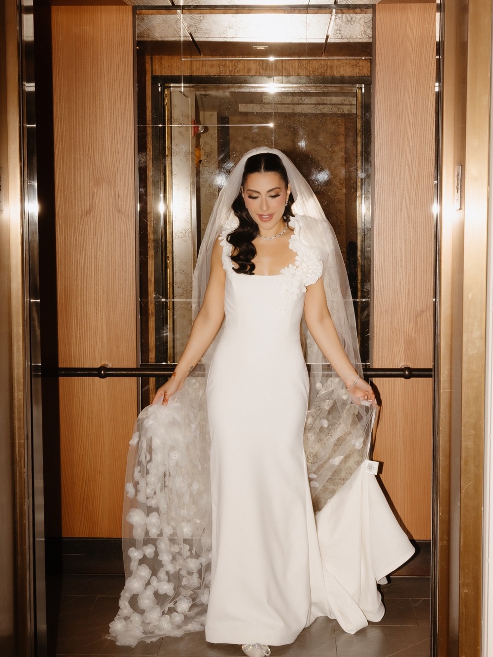 Viktor & Rolf White Satin Column Wedding Dress with Floral Appliqué Veil